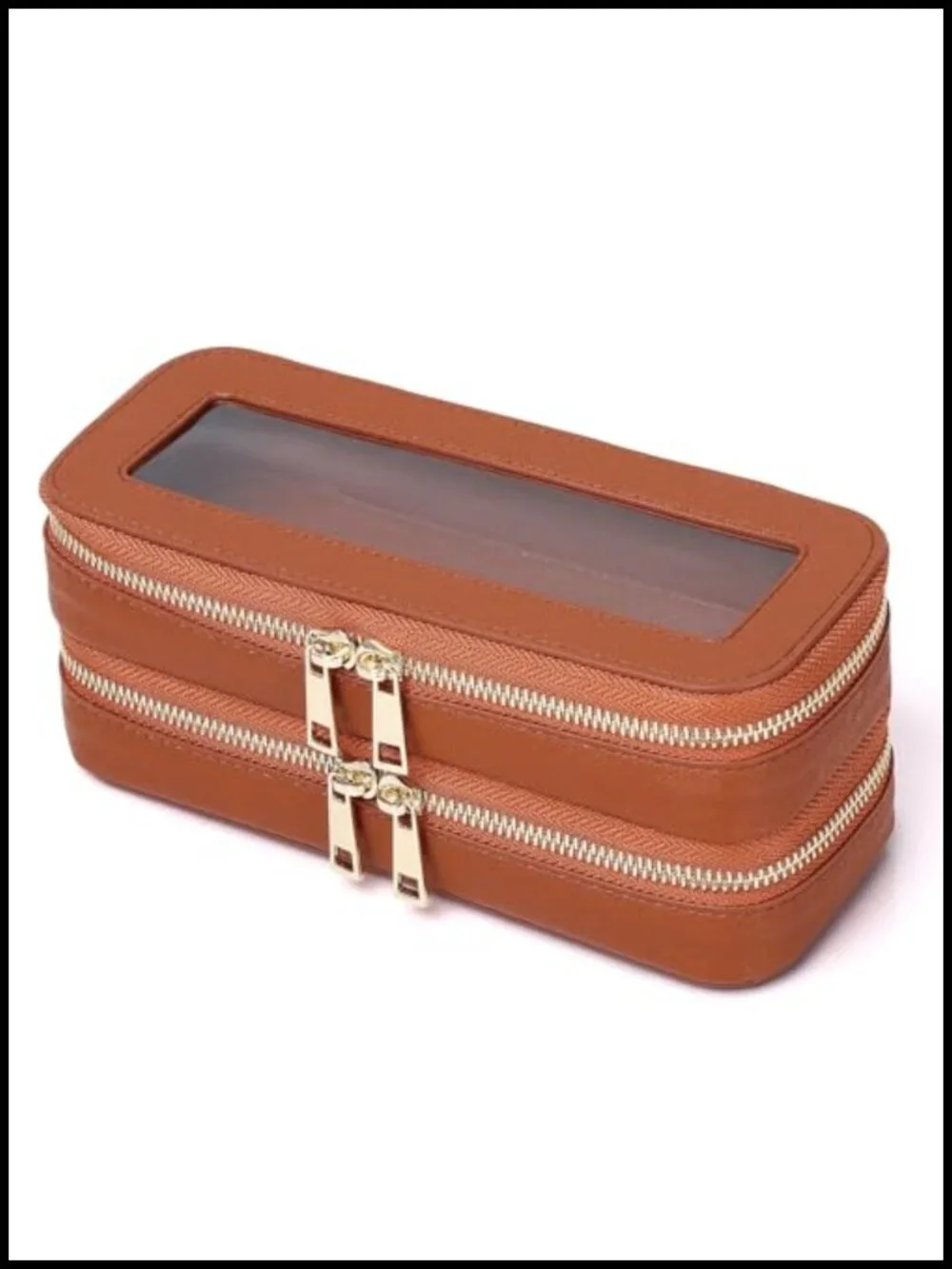 Double Layer Makeup Bag Saffiano Faux Leather Travel Cosmetic Brush Organizer